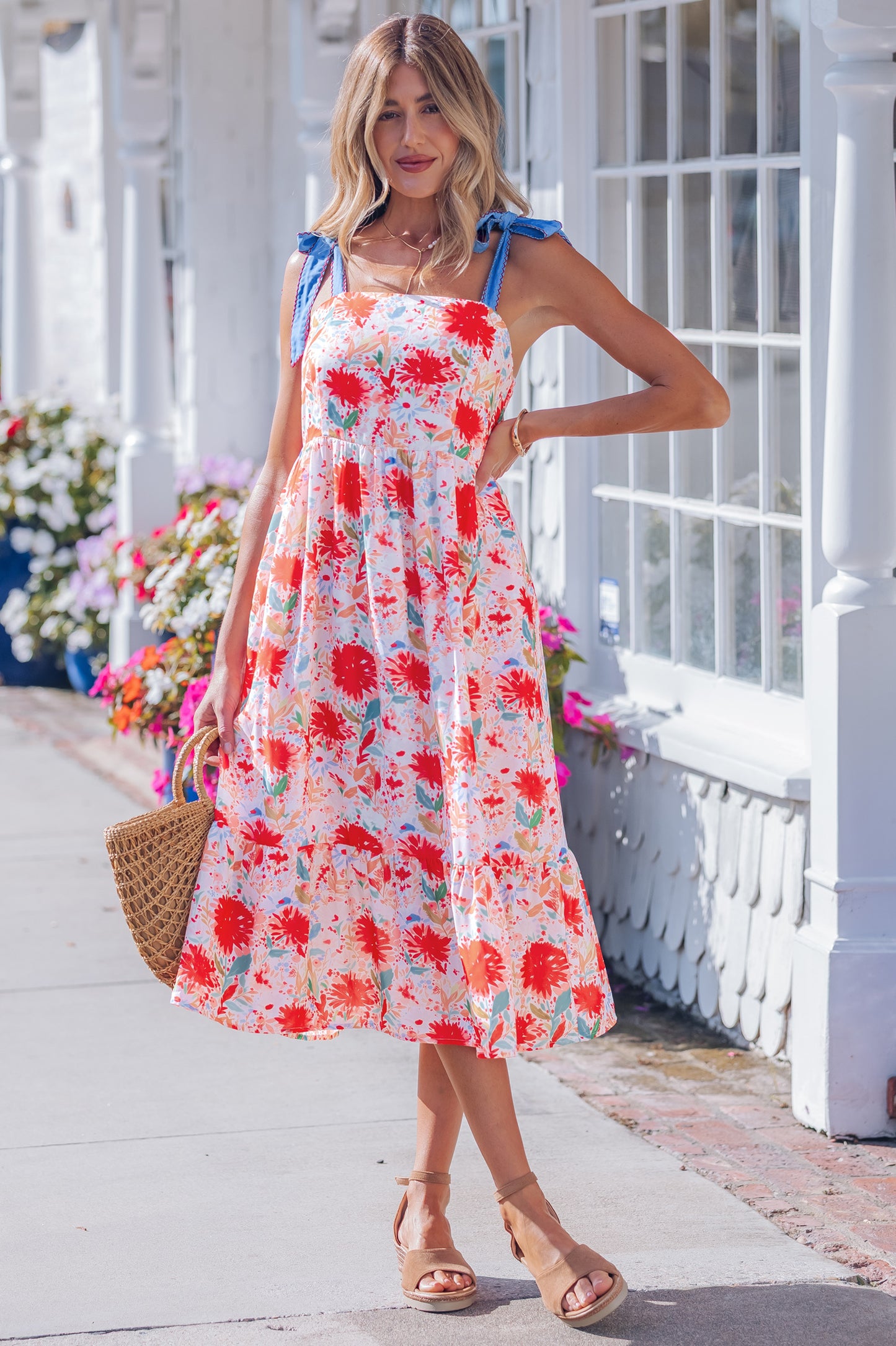 Red Floral Print Contrast Stitched Knot Denim Straps High Waist Dress