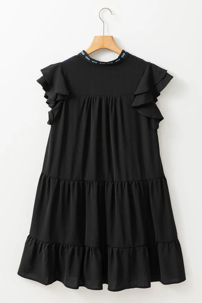 Black Floral Embroidered Tiered Ruffled Mini Dress - Chic Meadow Boutique 