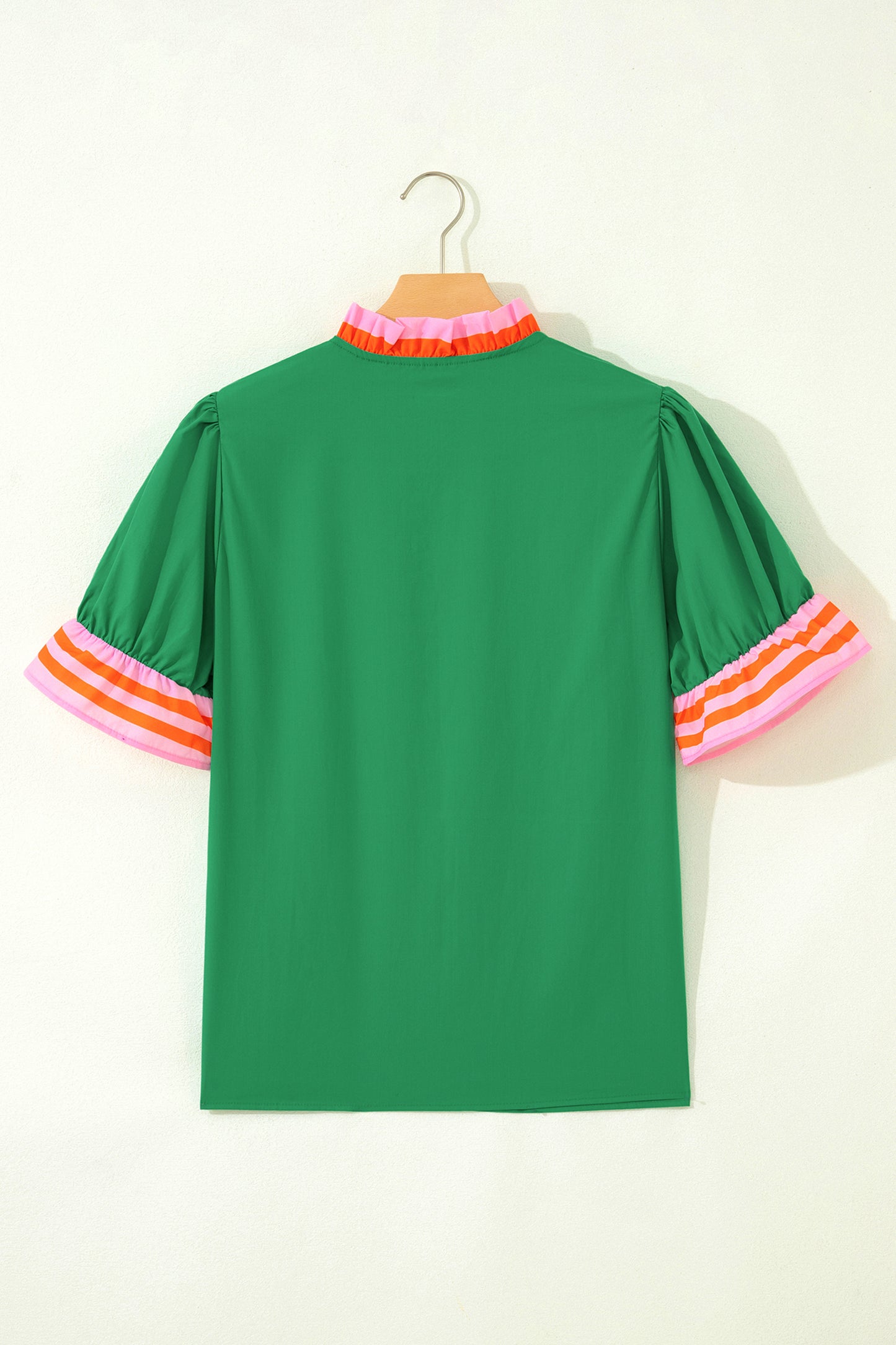 Green Striped Frilled Collar Ruffled Short Sleeve Blouse
