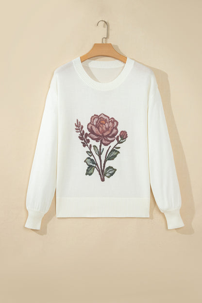 White Western Floral Dropped Shoulder Lightweight Knit Sweater