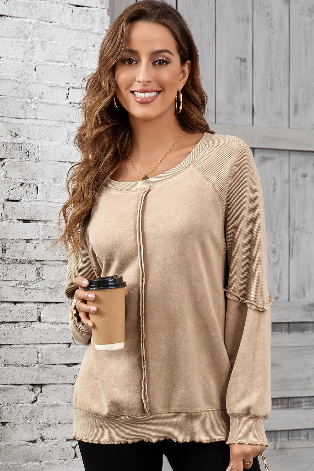 Light French Beige Solid Waffle Knit Patchwork Raglan Sleeve Sweatshirt - Chic Meadow Boutique 