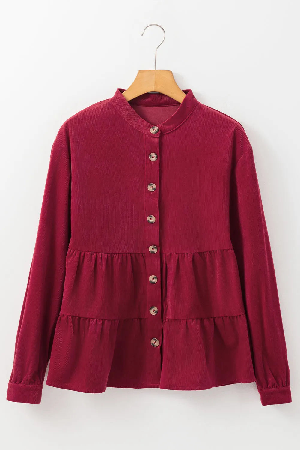 Burgundy Corduroy Ruffle Tiered Buttoned O Neck Shirt - Chic Meadow Boutique 