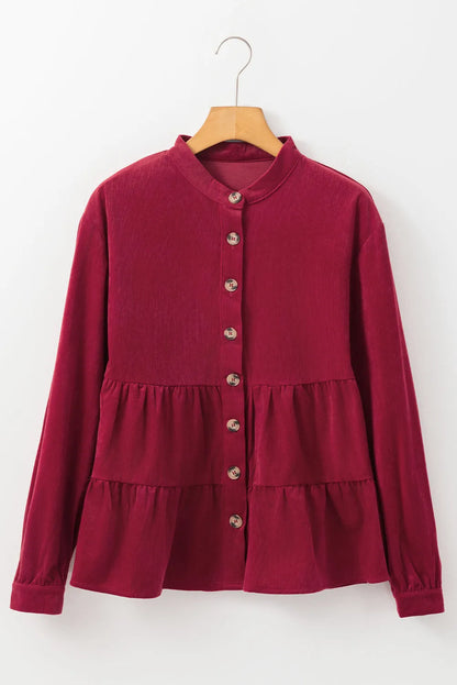 Burgundy Corduroy Ruffle Tiered Buttoned O Neck Shirt - Chic Meadow Boutique 