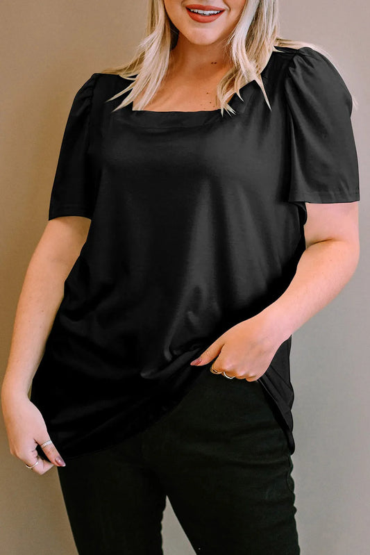 Black Plus Size Square Neck Ruched Shoulder Short Sleeve Top - Chic Meadow Boutique 