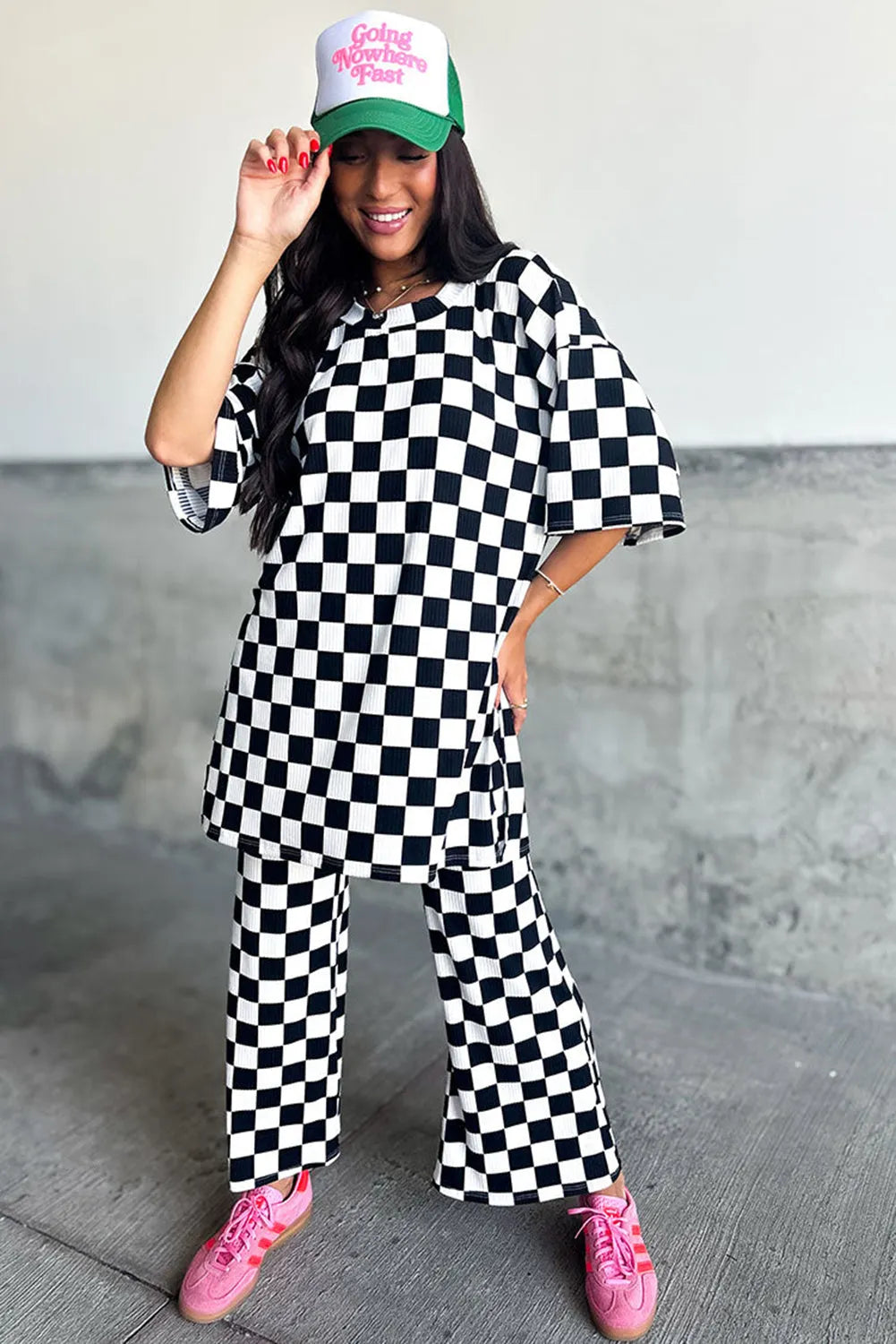 Black Checkered Print Half Sleeve Tunic Top and Flared Pants Set - Chic Meadow Boutique 