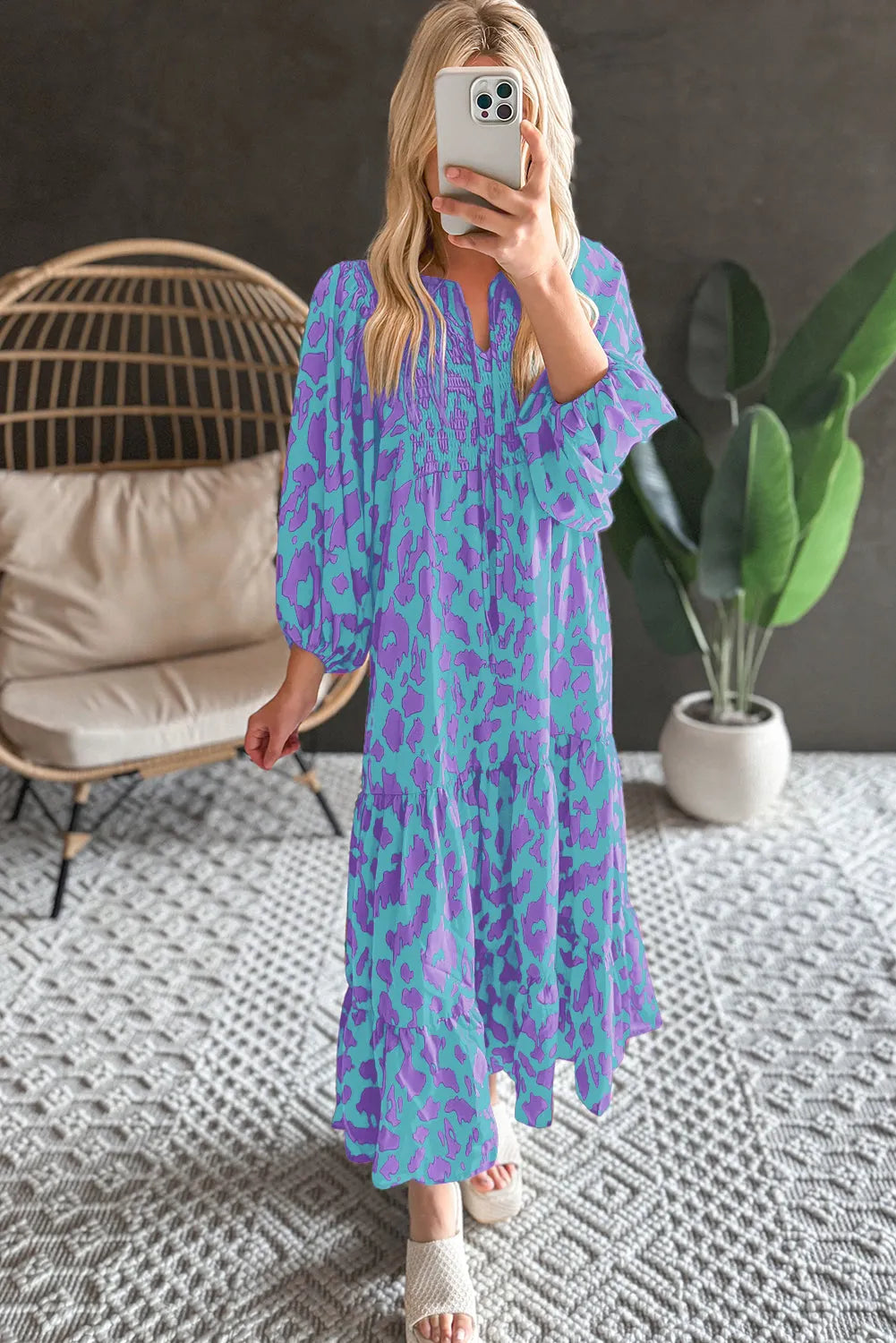 Sky Blue Abstract Print Puff Sleeve Tied Notched Neck Long Dress - Chic Meadow Boutique 