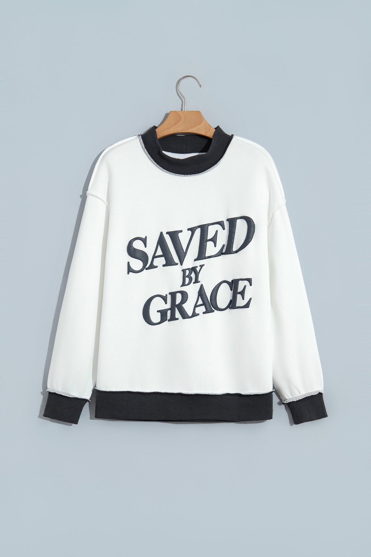 Beige Saved By Grace Print Color Block Mock Neck Oversized Sweatshirt