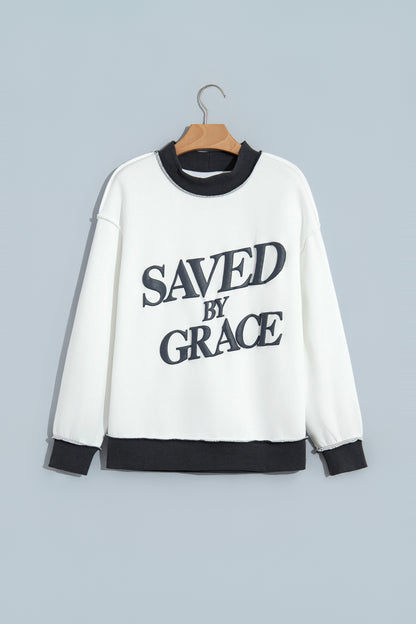 Beige Saved By Grace Print Color Block Mock Neck Oversized Sweatshirt
