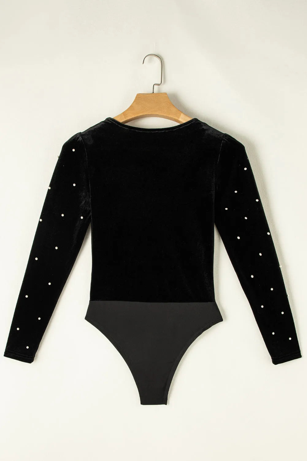 Black Velvet Beaded Long Sleeve V Neck Bodysuit - Chic Meadow Boutique 