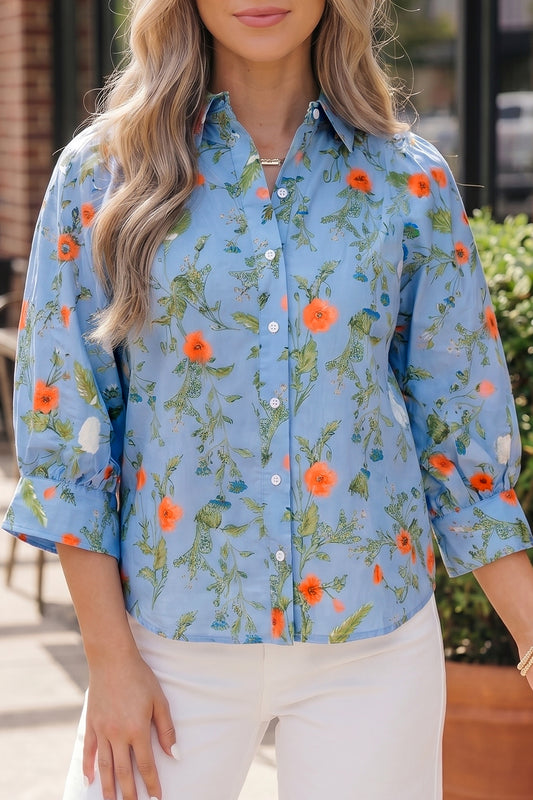 Sky Blue Floral Print Bracelet Sleeve Button Down Casual Shirt
