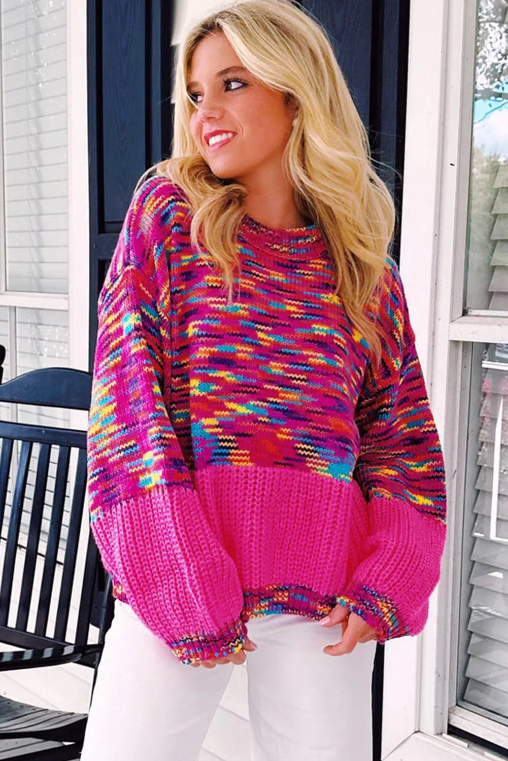 Bright Pink Rainbow Confetti Drop Shoulder Sweater - Chic Meadow Boutique 