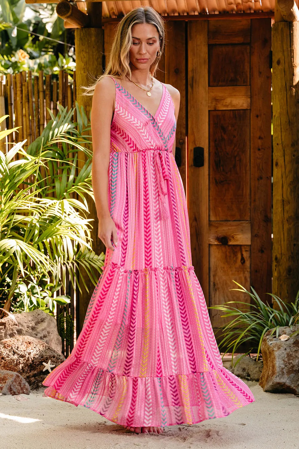 Pink Western Printed Tassel Tie V Neck Wrap Maxi Dress - Chic Meadow Boutique 