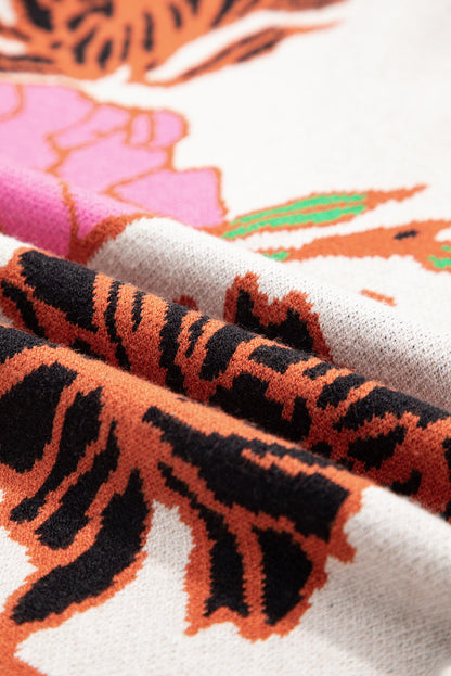 Khaki Floral Pattern Knit Quarter Zip Stand Neck Sweater