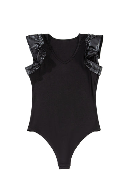 Black Leatherette Ruffle Patchwork Ribbed V Neck Bodysuit