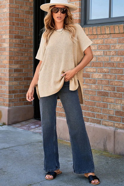 Apricot Short Sleeve Side Slit Oversized Sweater - Chic Meadow Boutique 