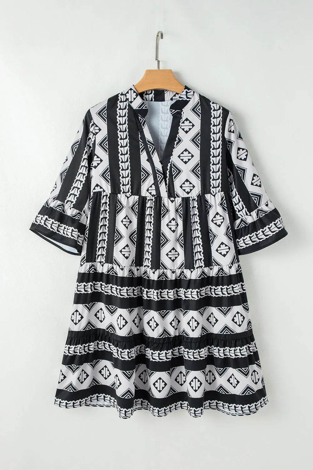 Black Geometric Print V Neck Ruffled Dress - Chic Meadow Boutique 