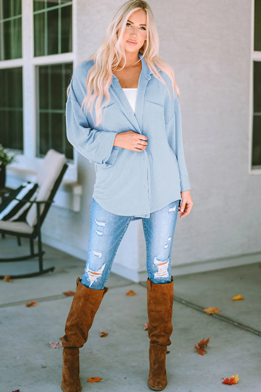 Sky Blue Roll Tab Sleeve Ribbed Cording Shacket - Chic Meadow Boutique 