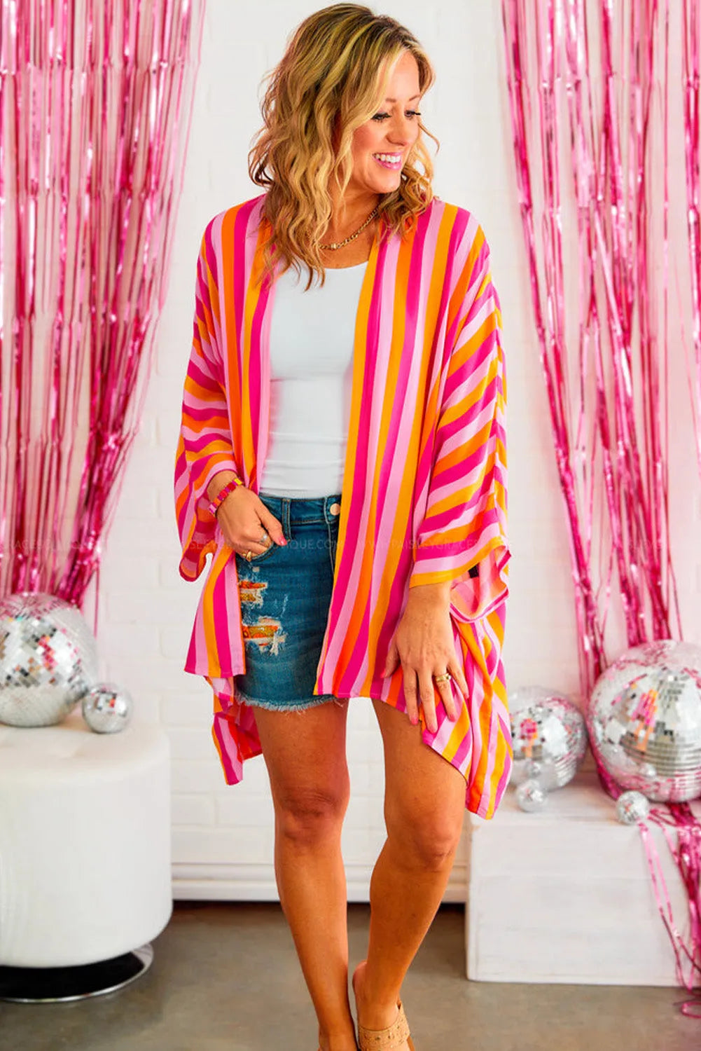 Rose Stripe Wide Sleeve Open Front Kimono - Chic Meadow Boutique 