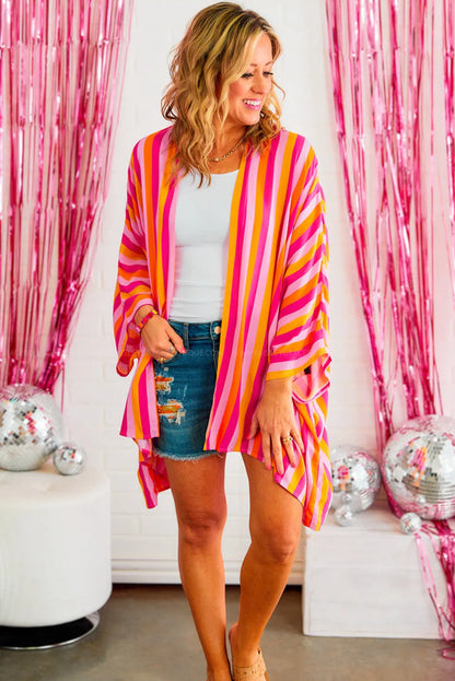 Rose Stripe Wide Sleeve Open Front Kimono - Chic Meadow Boutique 