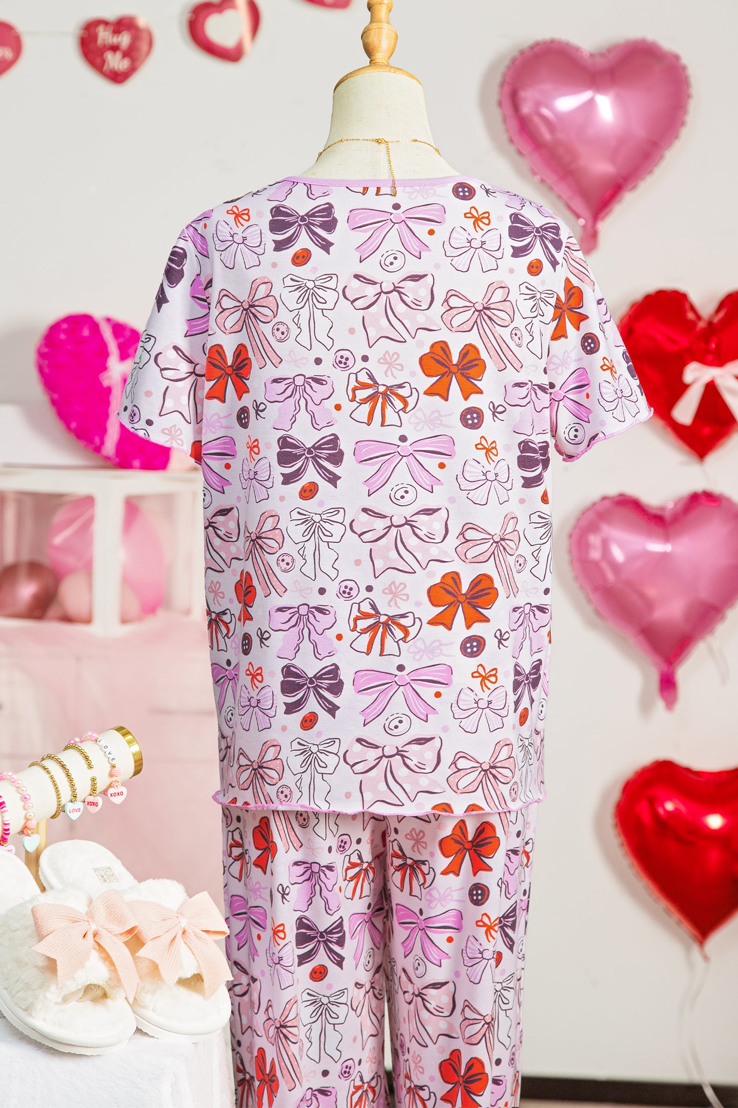 Pink Diverse Bows Buttons Printed Contrast Trim Short Sleeve Shirt Pajama Pant Set
