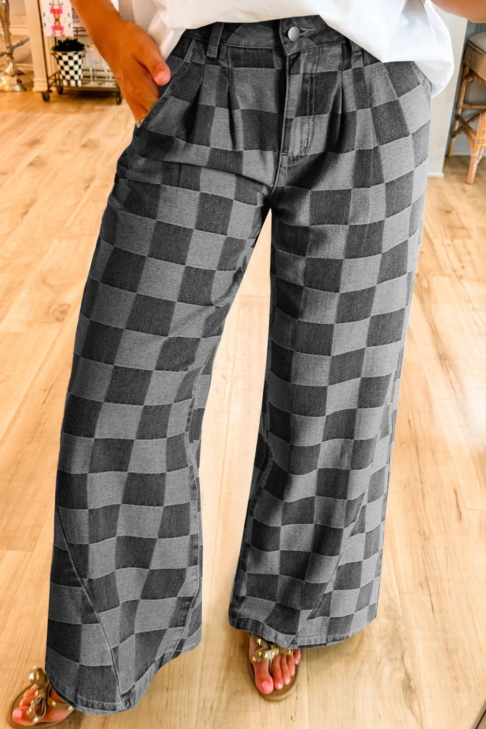 Dark Grey Checkered Denim Wide Leg Jeans - Chic Meadow Boutique 