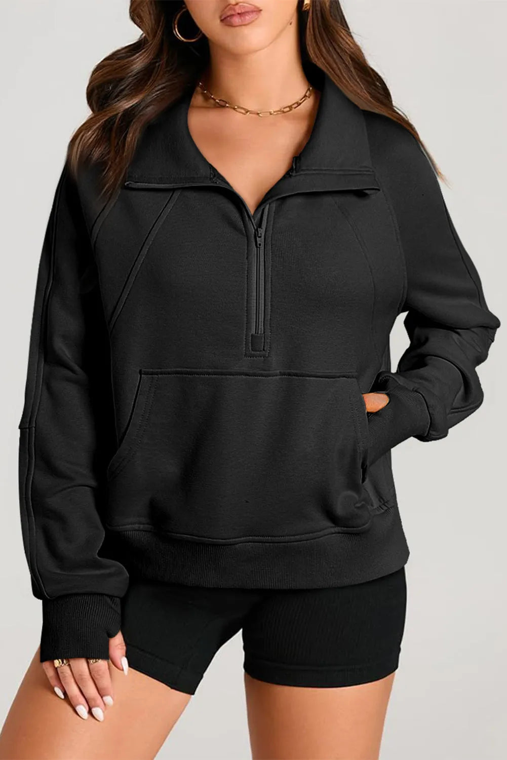 Black Quarter Zip Stand Neck Kangaroo Pocket Sweatshirt - Chic Meadow Boutique 