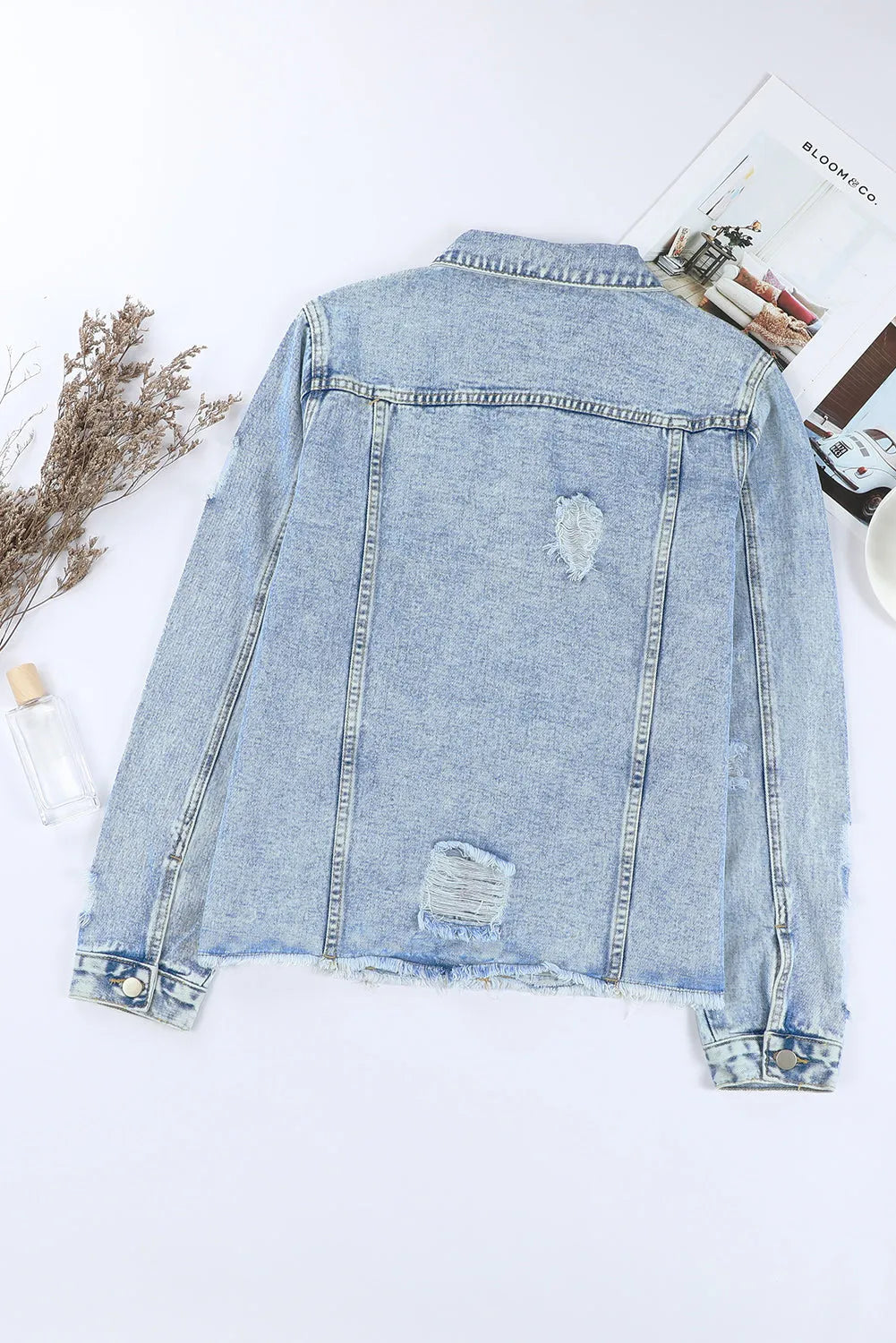 Sky Blue Lapel Distressed Raw Hem Buttons Denim Jacket - Chic Meadow Boutique 