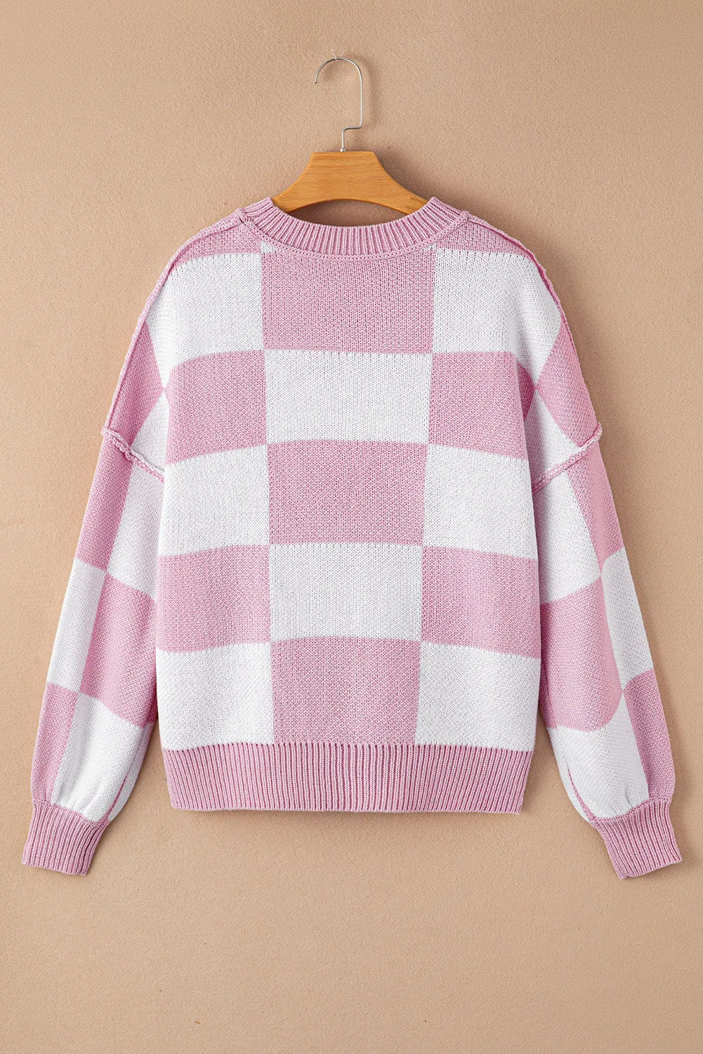 Pink Checkered Bishop Sleeve Sweater - Chic Meadow Boutique 