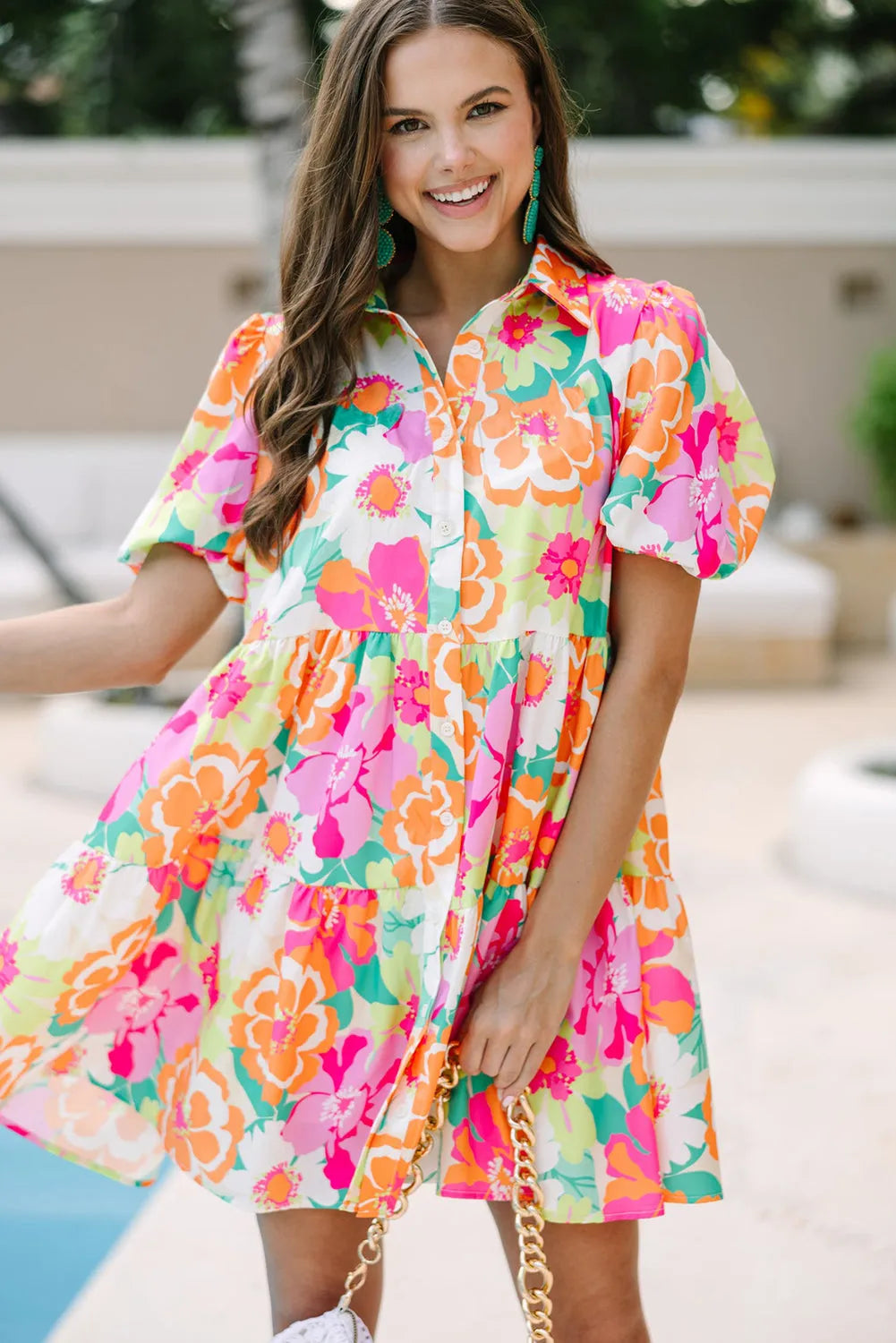 Pink Floral Puff Sleeve Collar Buttoned Babydoll Dress - Chic Meadow Boutique 