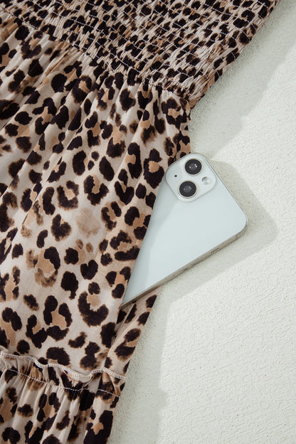 Brown Ruffled Straps Smocked Tiered Leopard Maxi Dress