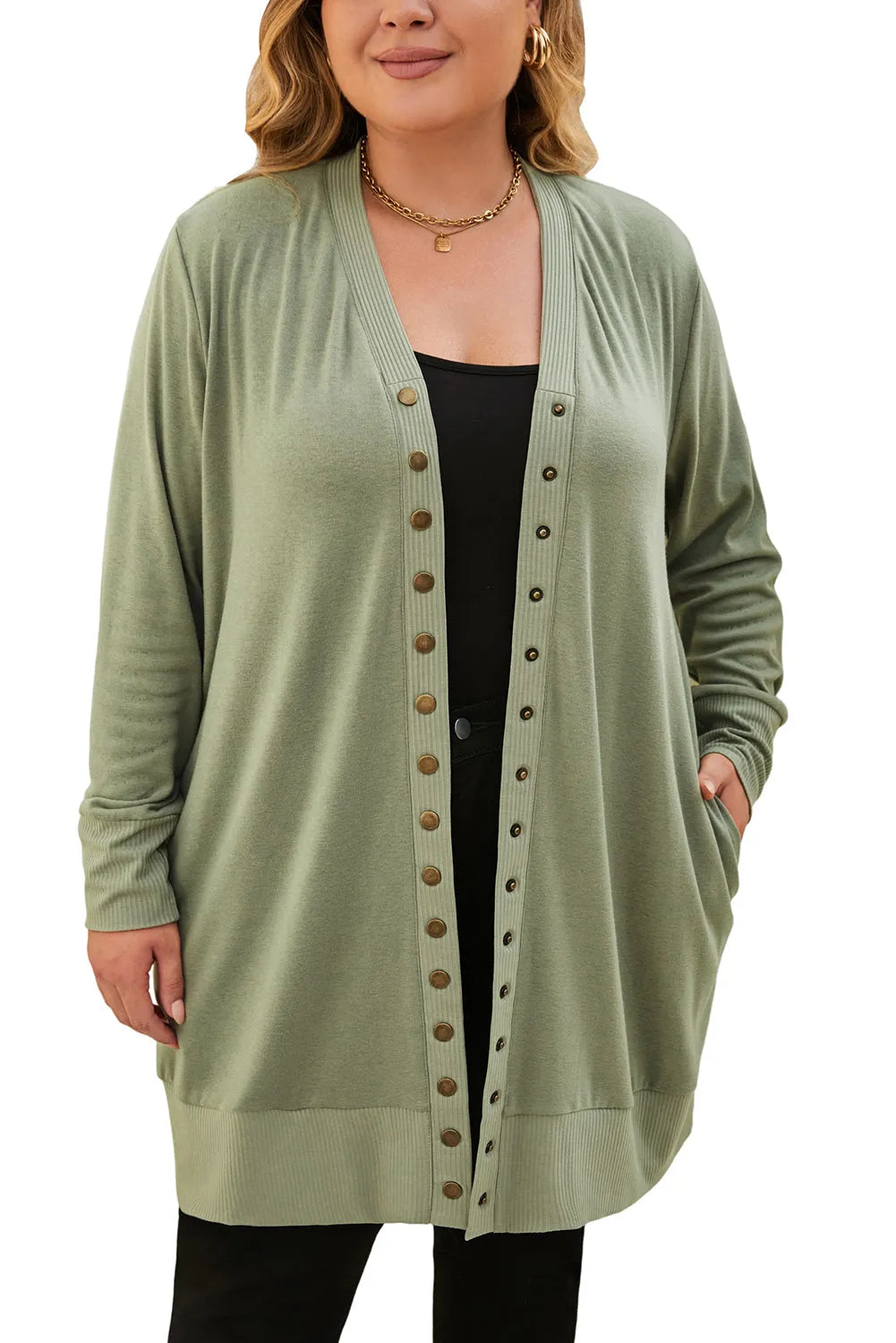 Green Plus Size Snap Buttons Front Knit Cardigan - Chic Meadow Boutique 