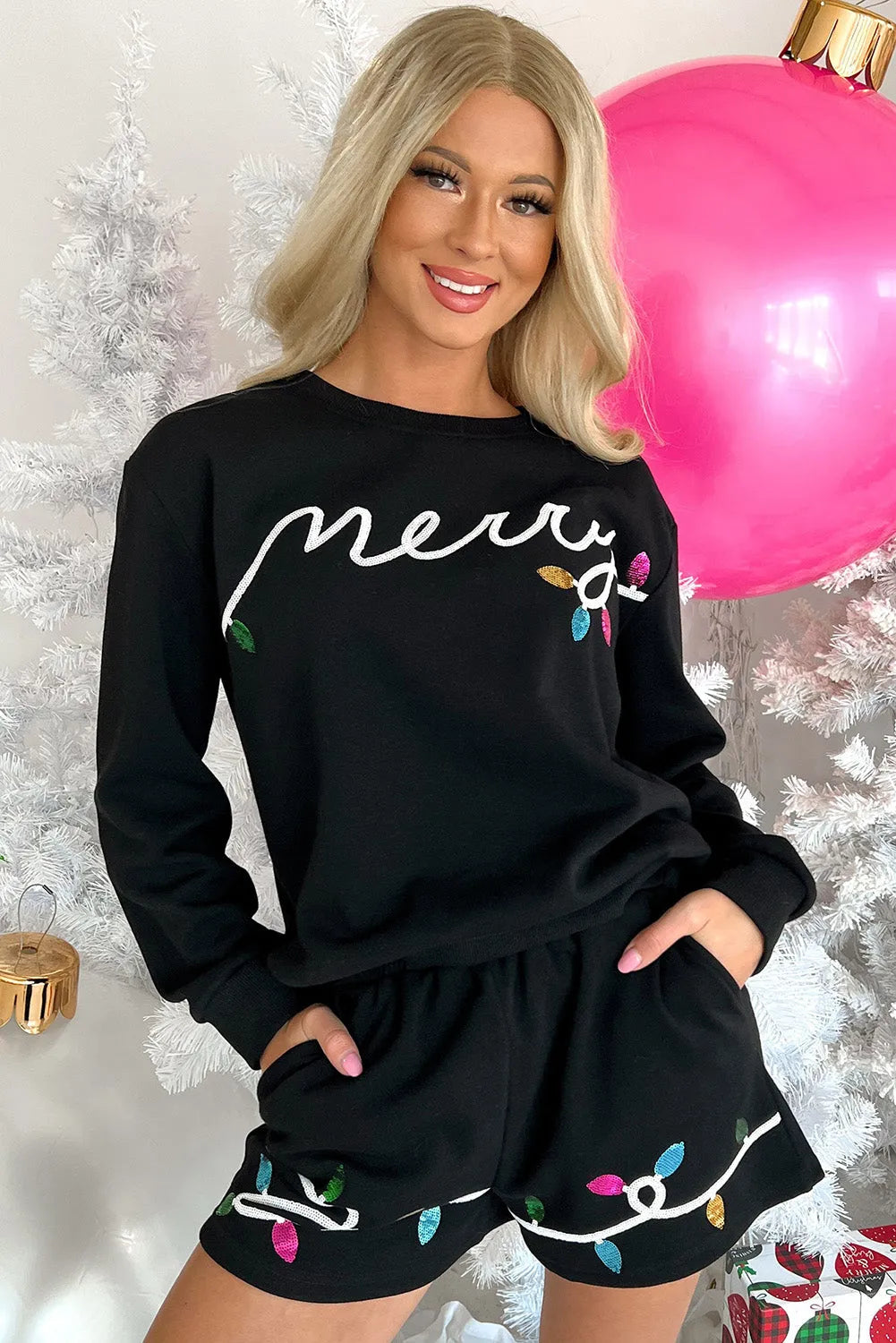 Black Sequin Merry Graphic Pullover and Shorts Outfit - Chic Meadow Boutique 