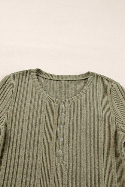 Jungle Green Ribbed Knit Half Button Slim Fit Blouse - Chic Meadow Boutique 