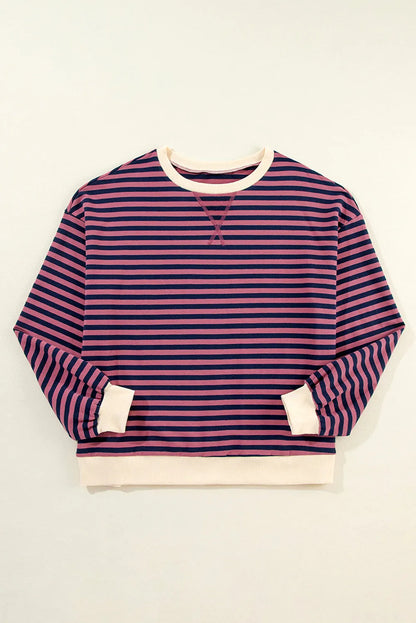 Red Stripe Oversized Contrast Trim Pullover Sweatshirt - Chic Meadow Boutique 