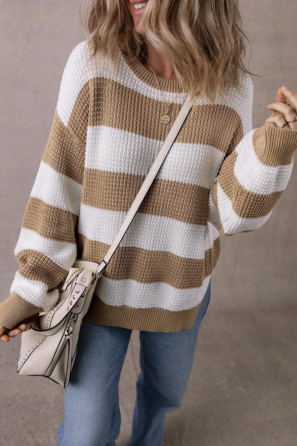 Sweaters & Cardigans/Sweaters Light French Beige Colorblock Striped Drop Shoulder Side Slit Sweater