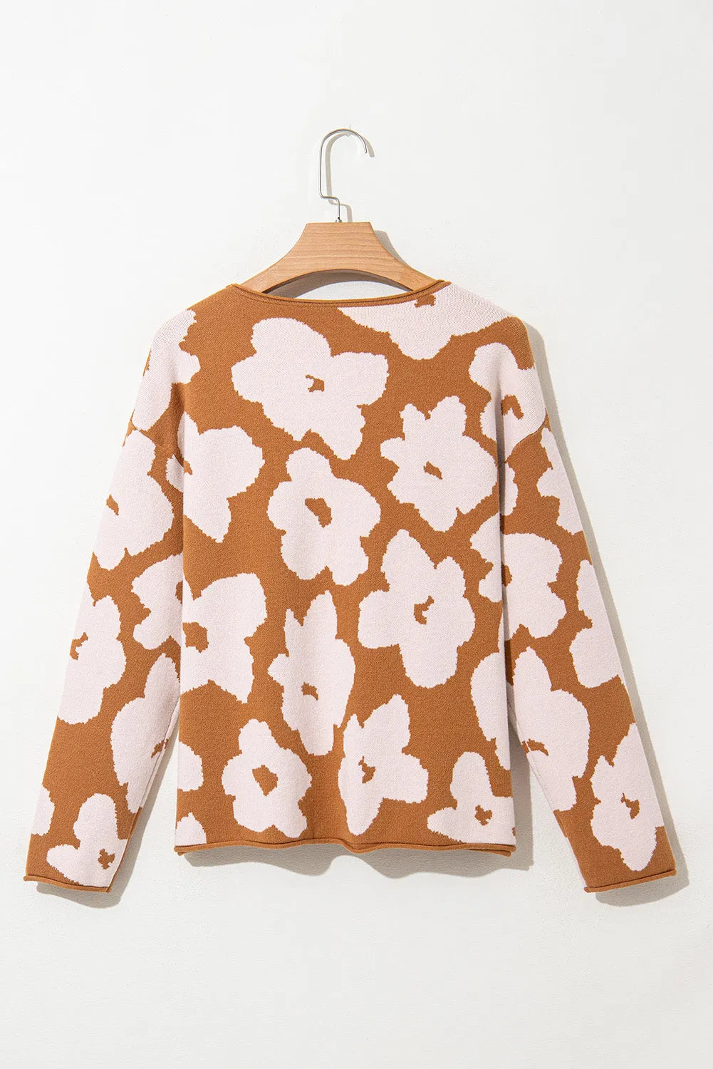 Brown Floral Pattern Crew Neck Long Sleeve Loose Sweater - Chic Meadow Boutique 