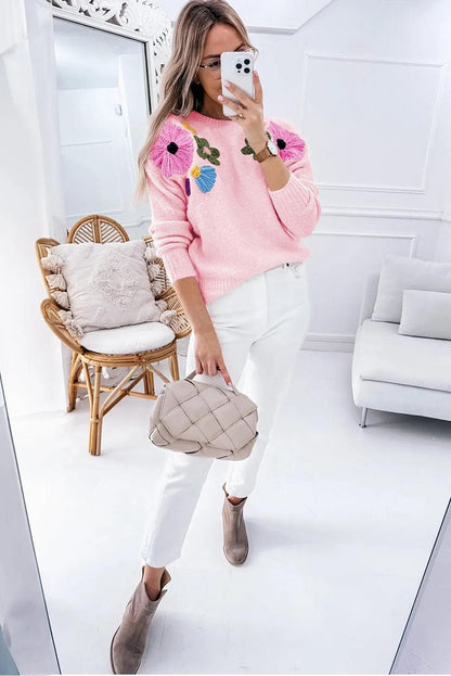 Sweaters & Cardigans/Sweaters Pink Knitted Flower Pattern Ribbed Edge Sweater