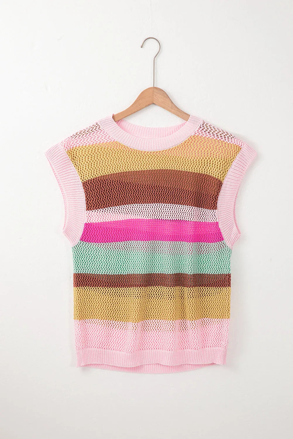 Pink Stripe Crochet Cap Sleeve Loose Fit Sweater T Shirt - Chic Meadow Boutique 