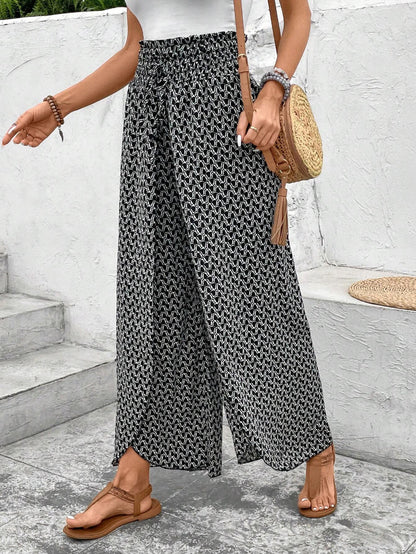 Black Bohemian Print Slit Wide Leg Smocked High Waist Pants