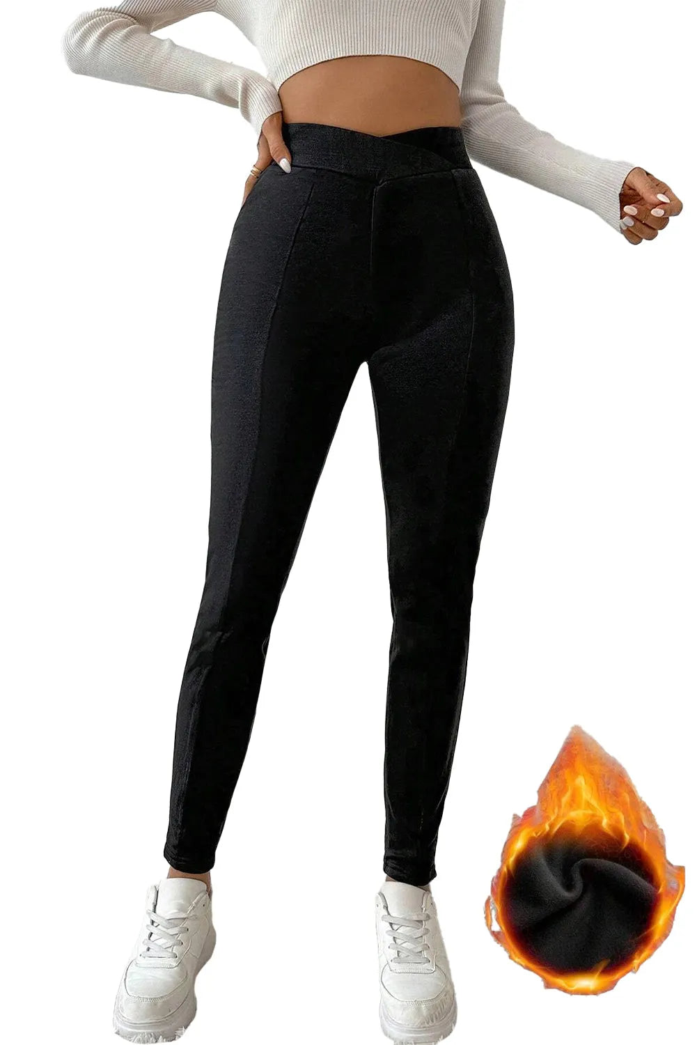 Black Crossed Waist Seamed Leg Thermal Leggings - Chic Meadow Boutique 