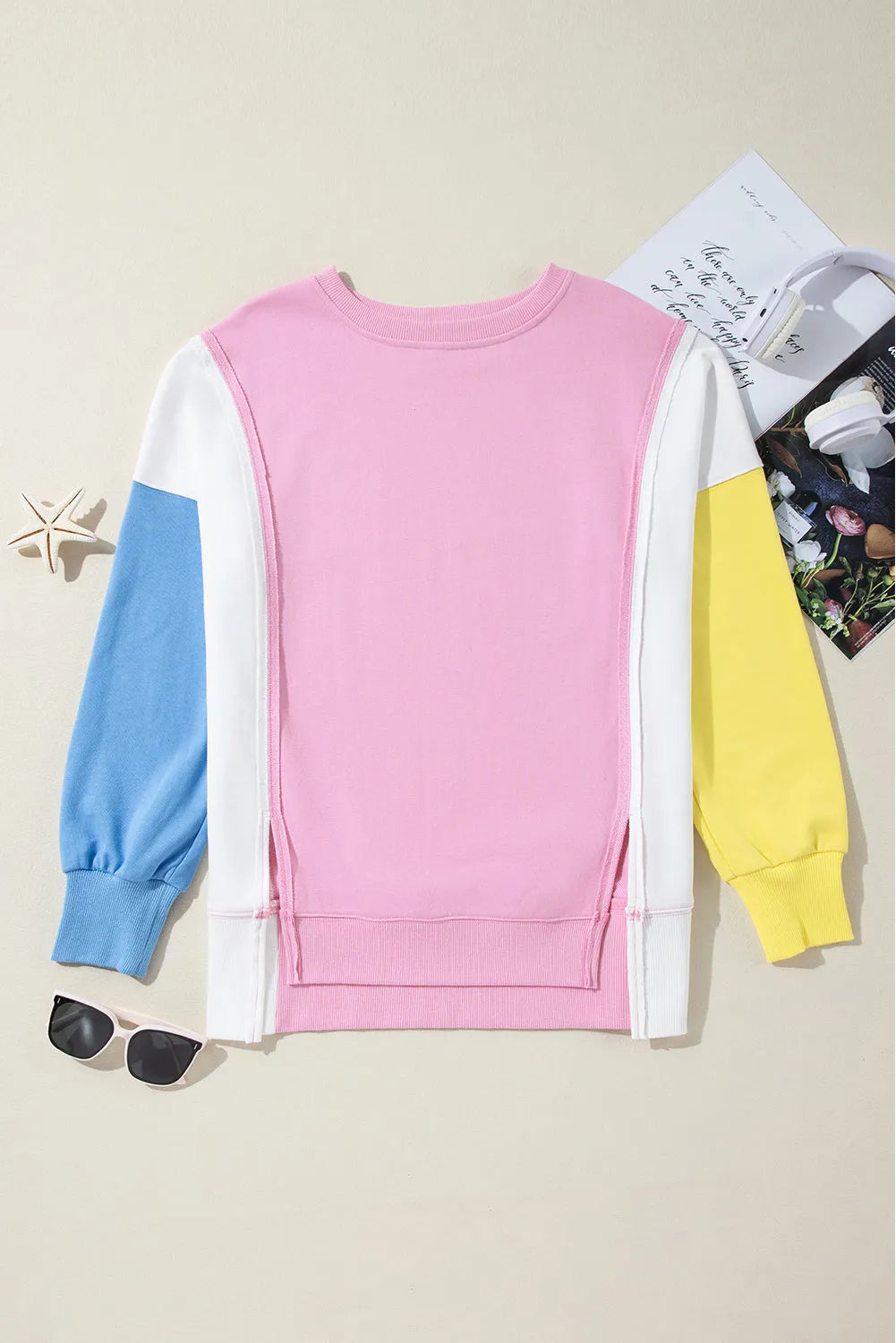 Bonbon Color Block Exposed Seam Side Slits Crewneck Sweatshirt - Chic Meadow Boutique 