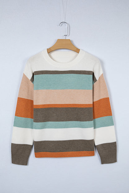 White Striped Color Block Knit Drop Shoulder Sweater