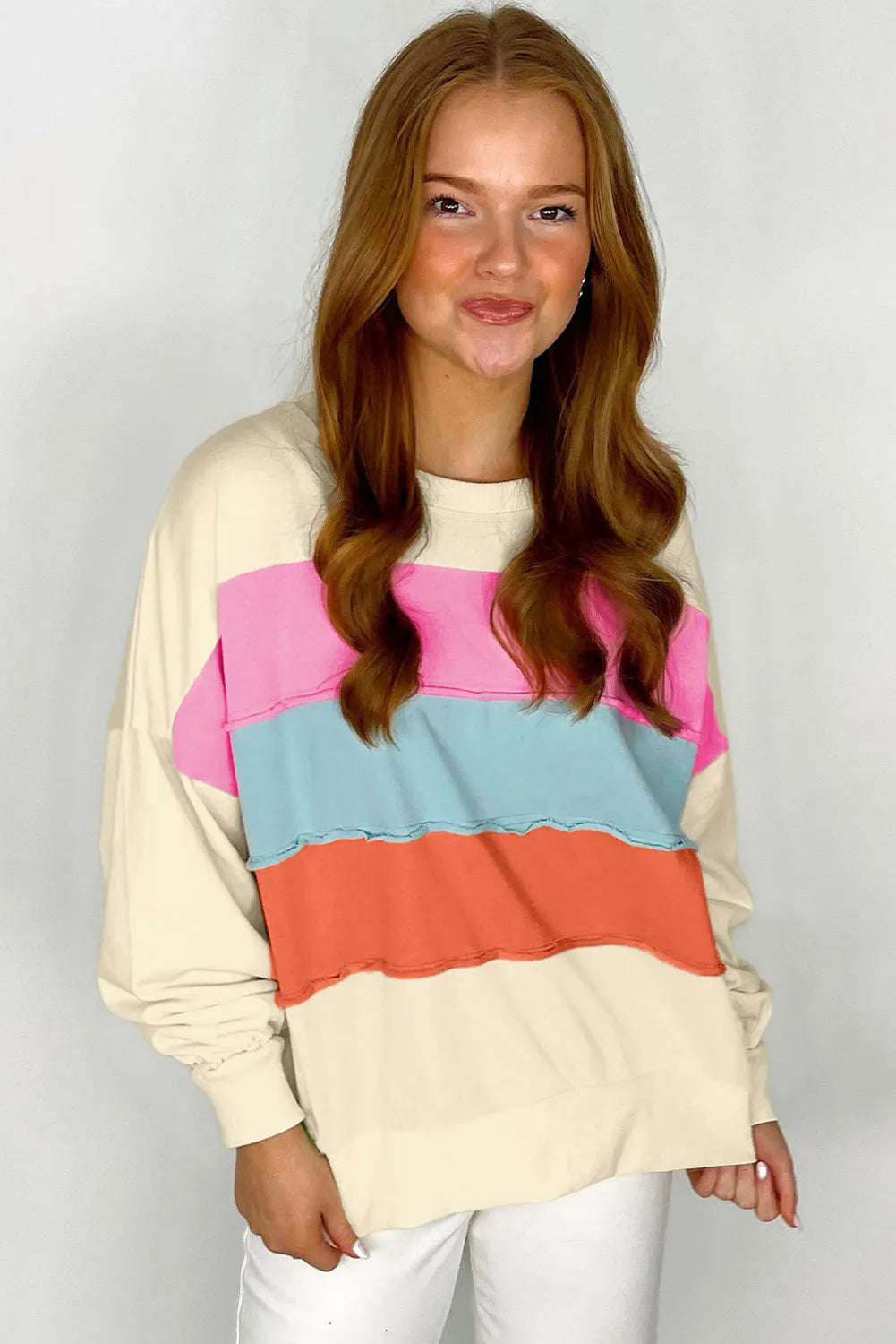 White Colorblock Patchwork Crewneck Drop Shoulder Sweatshirt - Chic Meadow Boutique 