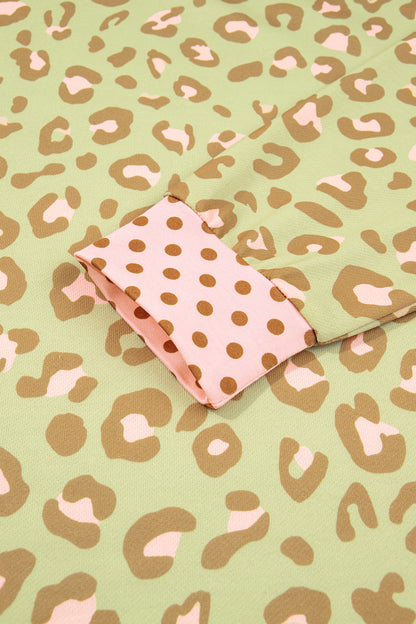 Khaki Leopard Polka Dot Colorblock Trim Long Sleeve Top