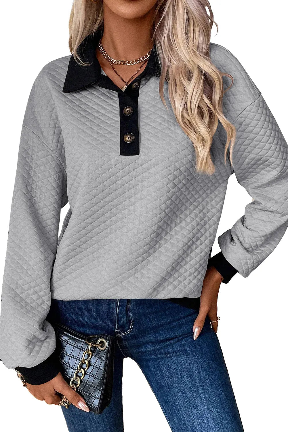 Light Grey Textured Colorblock Edge Buttoned Collar Sweatshirt - Chic Meadow Boutique 