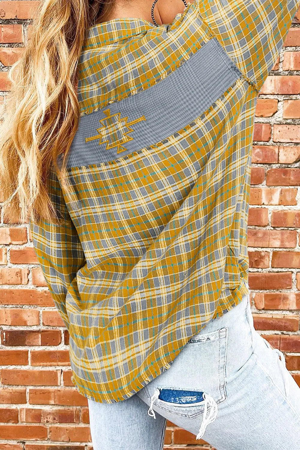 Ginger Plaid Embroidery Patch Button-Down Shacket - Chic Meadow Boutique 