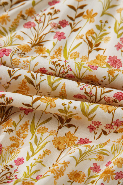 Yellow Floral Print Frilly Trim Smocked Cuff Long Sleeve Loose Shirt Dress