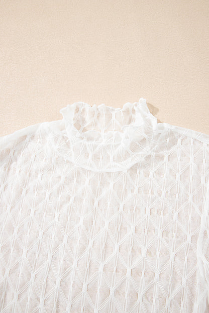Beige Sheer Mesh Patterned Lettuce Trim Slim Long Sleeve Top