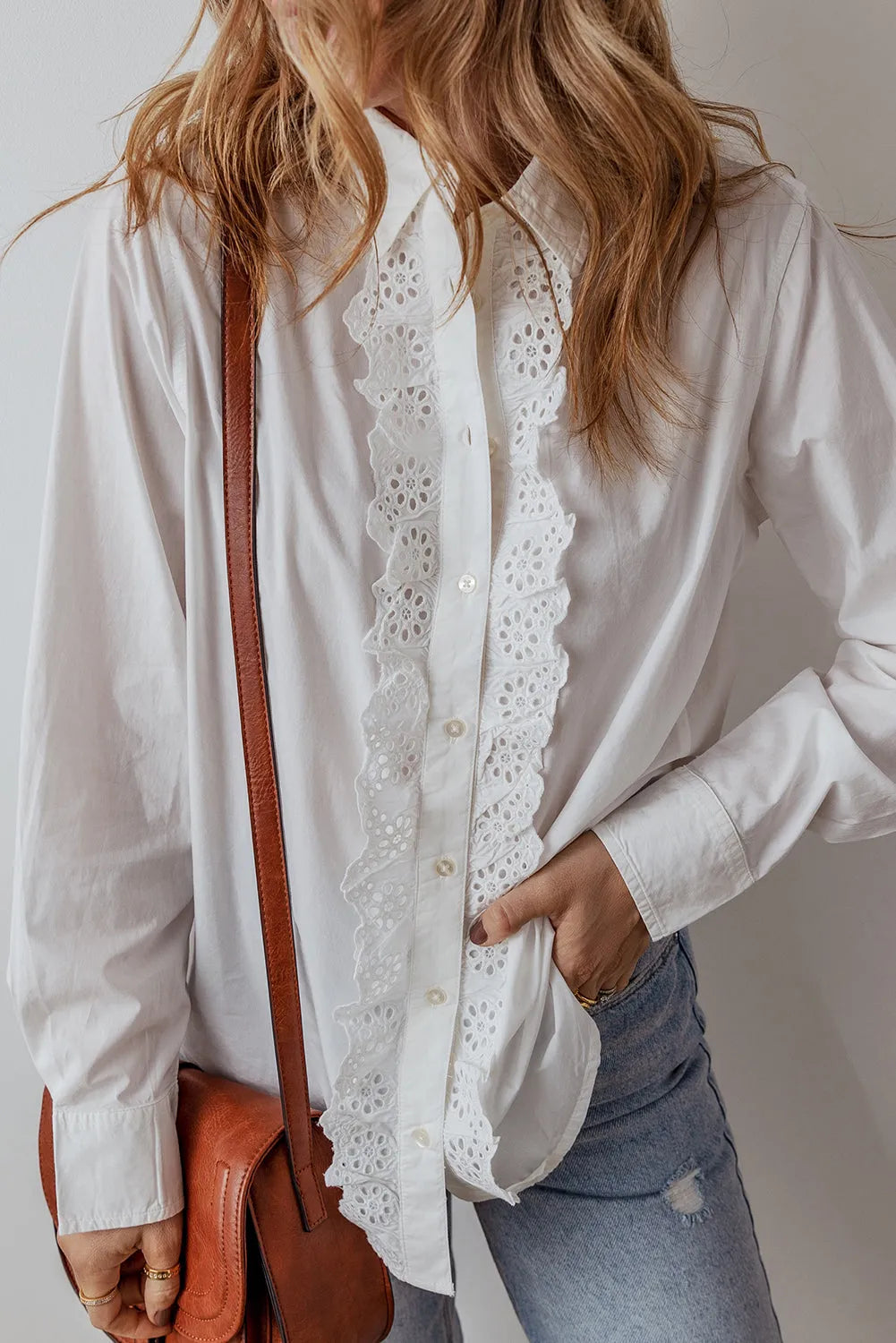 White Lace Crochet Trim Turn Down Collar Buttoned Shirt - Chic Meadow Boutique 