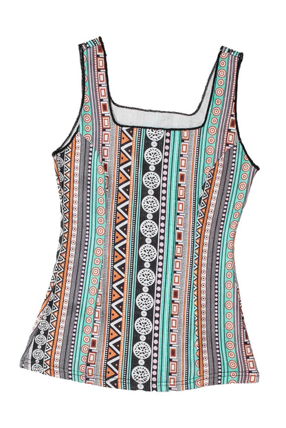 Green Western Geo Printed Square Neck Tank Top - Chic Meadow Boutique 